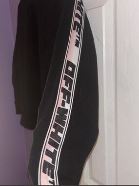 Off-White Black Sweatshirt with White and Pink Sleeve Tape. Will fit 7-8 yr old